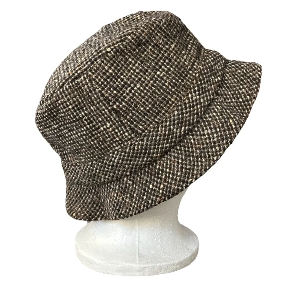Vtg David Hanna Tweed Bucket Hat Donegal Ireland Wool 7.25 Brown Missing Feather